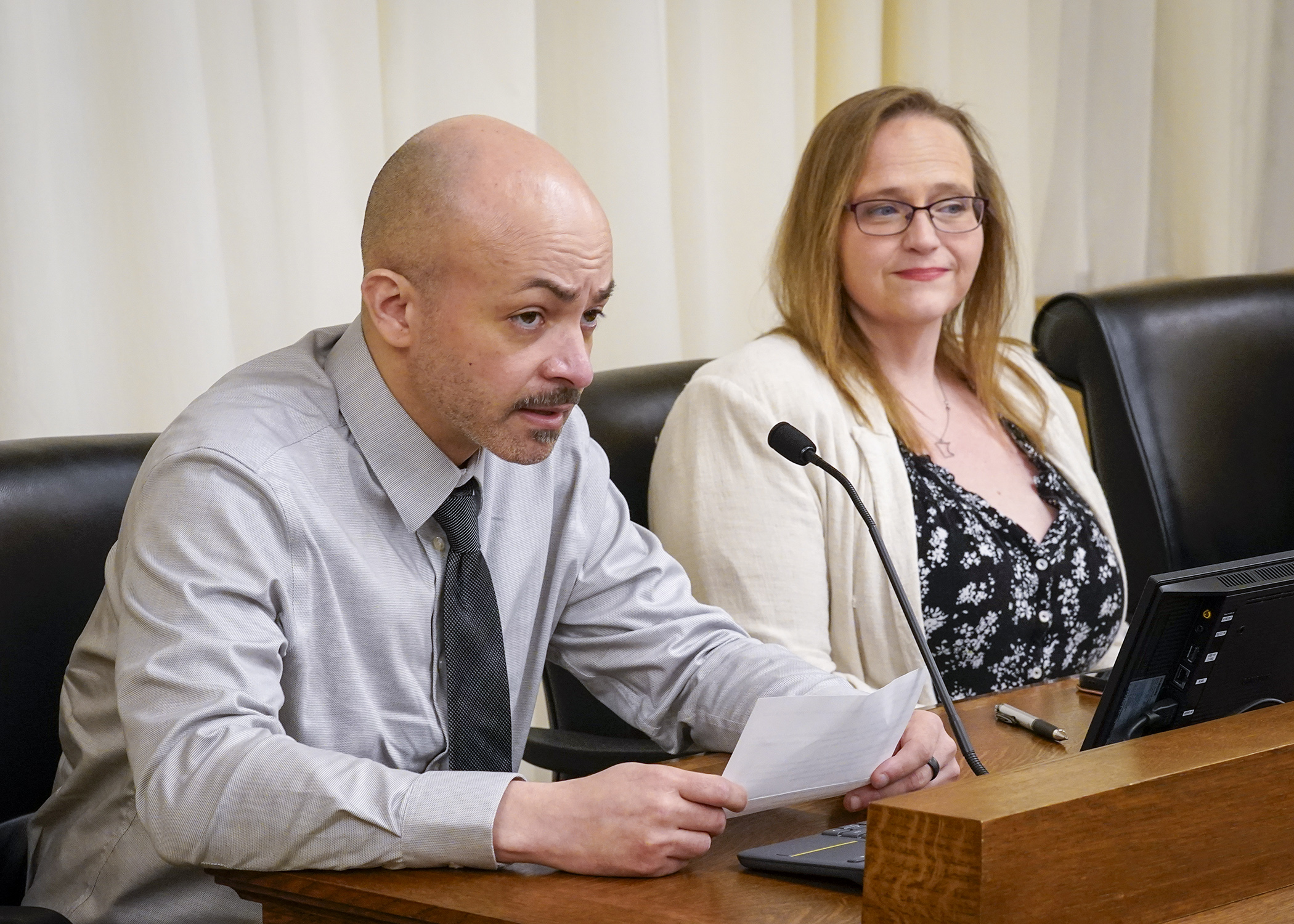 Kamau Wilkins, owner and operator of the Minnesota South chapter of the Youth Enrichment League, testifies April 22 before the House Taxes Committee for a bill sponsored by Rep. Kim Hicks to amend approved uses of local sales tax funds in Rochester. (Photo by Andrew VonBank)